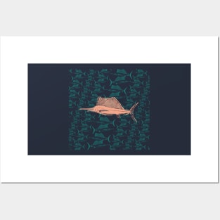 Swordfish Peach Green Dark Blue Default Background Fishing Pattern Posters and Art